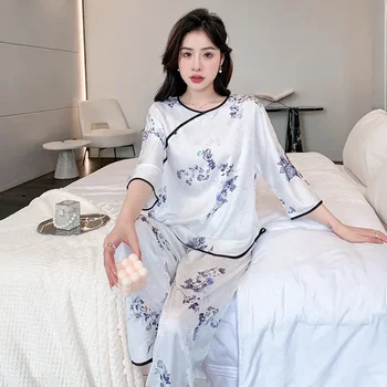 Пижамы в китайском стиле, женский весенне-осенний комплект летней домашней одежды из ледяного шелка, пижама, ночное белье, домашняя одежда 3