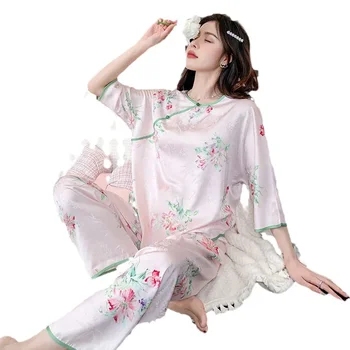 Пижамы в китайском стиле, женский весенне-осенний комплект летней домашней одежды из ледяного шелка, пижама, ночное белье, домашняя одежда 4
