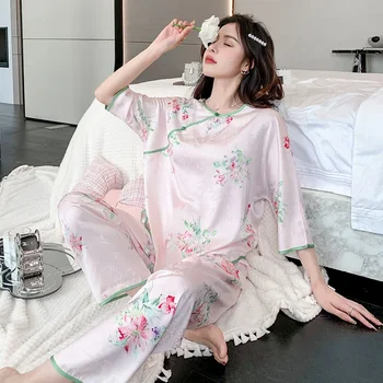 Пижамы в китайском стиле, женский весенне-осенний комплект летней домашней одежды из ледяного шелка, пижама, ночное белье, домашняя одежда 5
