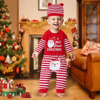 Рождественский наряд для мальчиков, хлопковое боди, штаны и шапочка, хлопковый комплект зимней одежды в красную и белую полоску, приятный для кожи и теплый