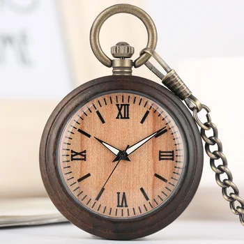 Карманные часы из черного дерева с кварцевым механизмом, коричневая подвеска, карманные часы с римским циферблатом, светящиеся указатели, мужские Женские часы
