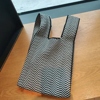 Вязаная ткань, женская сумка в шахматную клетку, дизайн Эко-маленькой сумки для покупок, кошельки, женская сумка из шерстяной ткани в клетку 3
