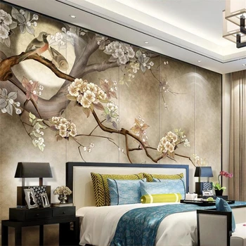 обои wellyu на заказ, 3D фрески, ручная роспись цветов и птиц в китайском стиле, большое дерево, фон для телевизора, настенная живопись, обои