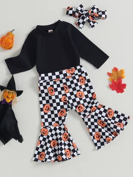 Комплект костюмов для девочек на Хэллоуин, футболка с круглым вырезом и джинсовые брюки-клеш - очаровательный наряд с буквенным принтом для детей