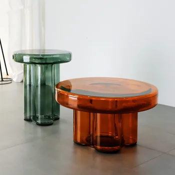 Скандинавский Светлый Роскошный Стеклянный прозрачный Журнальный столик Мебель для гостиной Диван Янтарного цвета, Приставной столик, маленький Круглый Кофейный уголок 0