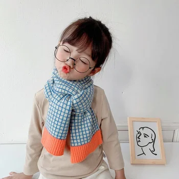 Корейская версия Маленький контрастный детский шерстяной шарф с решеткой, осень-зима, новый теплый шарф для маленьких девочек и мальчиков