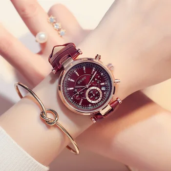 Женские часы GUOU, модные старинные европейские многофункциональные кварцевые часы с тремя глазами, женские кожаные часы с календарем на ремне, женские часы