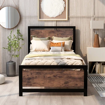 Каркас кровати из металла и дерева с изголовьем и изножьем, кровать-платформа двойного размера, пружинный блок не требуется, легко монтируется