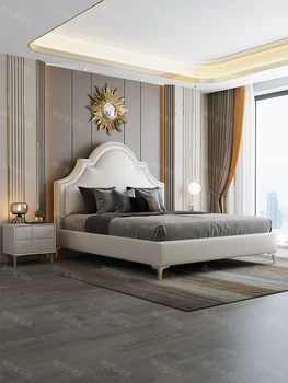 Легкая роскошная кожаная кровать, современная и простая двуспальная кровать в американском стиле