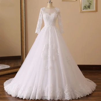Элегантное белое женское роскошное свадебное платье Vestido De Noiva с аппликацией из тюля с круглым вырезом и бисером на заказ