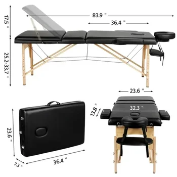 Портативный 84-дюймовый Регулируемый 3-секционный массажный стол с подголовником, подлокотником и подставкой для рук, черный 2