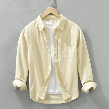 Осенью 2023 Года Новая мужская рубашка с длинным рукавом, простые однотонные рубашки из 100% хлопка с отложным воротником, модная мужская одежда