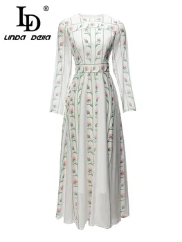 LD LINDA DELLA 2023, новое стильное элегантное вечернее платье, женское шифоновое платье с круглым вырезом и завышенной талией в полоску и принтом, измятое