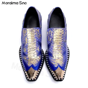 Мужская кожаная обувь, молодежная синяя Золотая обувь на высоком металлическом каблуке с острым носком, Декоративная Персонализированная кожаная обувь