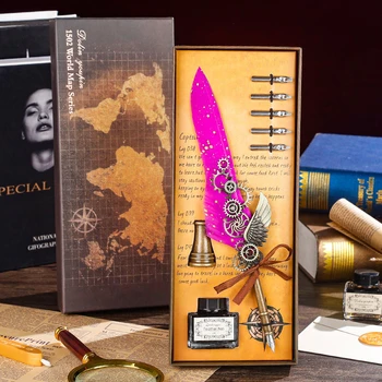 Роскошный набор перьевых ручек, Винтажная золотая перьевая ручка, флакон чернил, каллиграфическая ручка для письма, подарочная коробка на день рождения, перо с 5 наконечниками 2