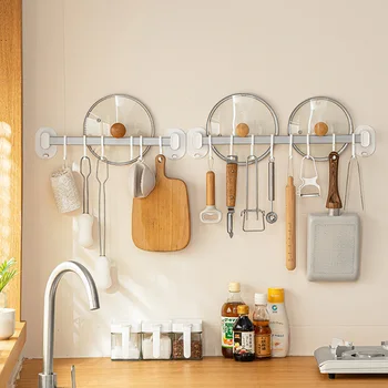 Кухонная вешалка для кухонной утвари, Многофункциональные настенные крючки без перфорации для лопаточки, ложки, органайзера с крышкой большой емкости