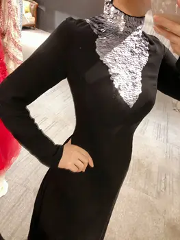 Реальные фотографии Черное Шифоновое платье с длинными рукавами и высоким вырезом, Серое элегантное вечернее платье с пайетками, сшитое на заказ, Новое поступление 2023 года 2