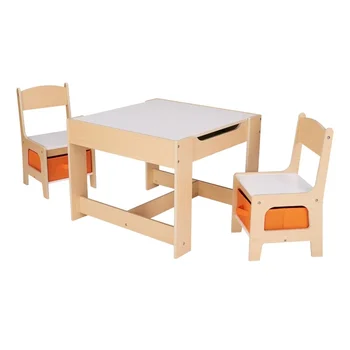 Набор детских деревянных столов и стульев для хранения, натуральный цвет, меламин, 3 предмета, Детский стол и стулья для детей 3-7 лет 0