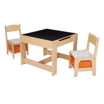 Набор детских деревянных столов и стульев для хранения, натуральный цвет, меламин, 3 предмета, Детский стол и стулья для детей 3-7 лет 2