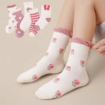 5 пар утепленных детских носков с цветочным рисунком и рисунком кролика в корейском стиле, детские носки с героями мультфильмов, осенне-зимние детские чулочно-носочные изделия, домашние носки для сна. 3