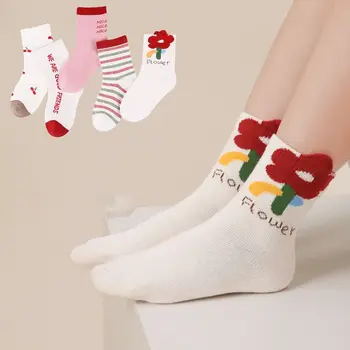 5 пар утепленных детских носков с цветочным рисунком и рисунком кролика в корейском стиле, детские носки с героями мультфильмов, осенне-зимние детские чулочно-носочные изделия, домашние носки для сна. 4