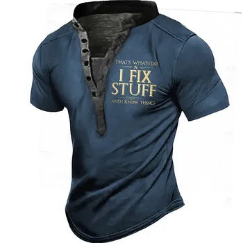 Новая мужская рубашка Henry с буквенным принтом, одежда со стоячим вырезом, 3D печать, повседневный модный топ с коротким рукавом и пуговицами