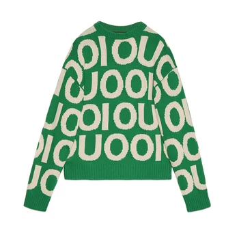 Зелено-белый пуловер с аппликацией #mr0170
