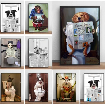 Абстрактный настенный художественный плакат с животными Мультяшная Собака Кошка Читает газету в туалете Забавная Картина на холсте Декор ванной гостиной 0
