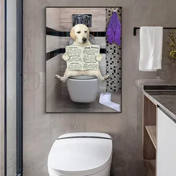 Абстрактный настенный художественный плакат с животными Мультяшная Собака Кошка Читает газету в туалете Забавная Картина на холсте Декор ванной гостиной 1