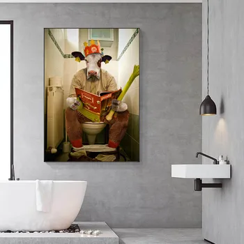 Абстрактный настенный художественный плакат с животными Мультяшная Собака Кошка Читает газету в туалете Забавная Картина на холсте Декор ванной гостиной 2