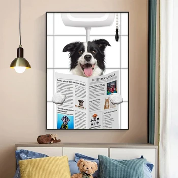 Абстрактный настенный художественный плакат с животными Мультяшная Собака Кошка Читает газету в туалете Забавная Картина на холсте Декор ванной гостиной 3