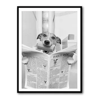 Абстрактный настенный художественный плакат с животными Мультяшная Собака Кошка Читает газету в туалете Забавная Картина на холсте Декор ванной гостиной 4