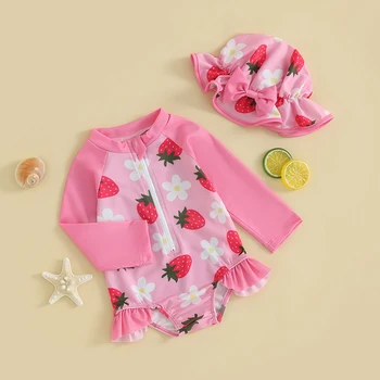 Малыш Младенческий Купальник для маленьких девочек с длинным рукавом, защита от сыпи, цветочный купальник на молнии, пляжная одежда с оборками 0