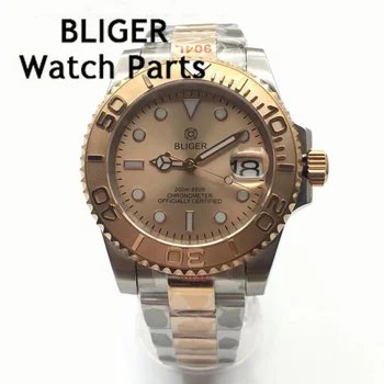 Мужские механические часы BLIGER 40 мм, сапфировое стекло, механизм NH35, циферблат из розового золота, стальной браслет, керамический безель.