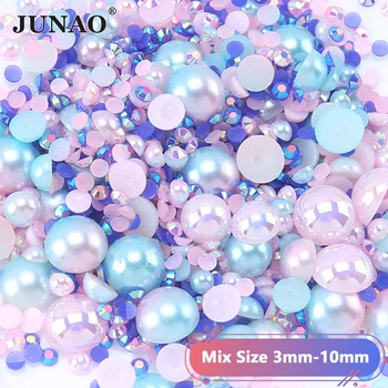 JUNAO смешанного размера 3 мм-10 мм розово-голубого цвета Бусины из АБС-пластика, стразы с плоской обратной стороной, полукруглый жемчужный клей для украшения своими руками