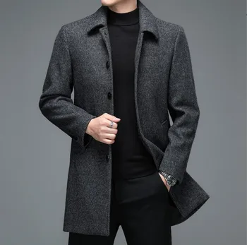 Высококачественные мужские зимние куртки и пальто Деловые Повседневные Шерстяные куртки, пальто, длинные пальто, мужские смеси шерсти с отложным воротником 1