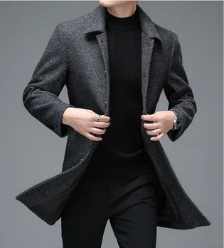 Высококачественные мужские зимние куртки и пальто Деловые Повседневные Шерстяные куртки, пальто, длинные пальто, мужские смеси шерсти с отложным воротником 2