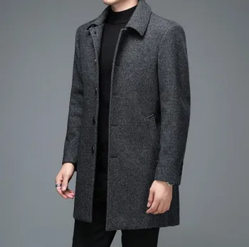 Высококачественные мужские зимние куртки и пальто Деловые Повседневные Шерстяные куртки, пальто, длинные пальто, мужские смеси шерсти с отложным воротником 4