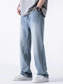 Весенне-осенние мужские джинсы, прямые джинсовые брюки, хлопковая уличная одежда с окантовкой на талии, широкие Свободные повседневные синие длинные джинсовые брюки