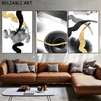 Тушь Золотые линии Абстрактный плакат и принт Настенная живопись на холсте в минималистском стиле для домашнего декора в гостиной без рамки