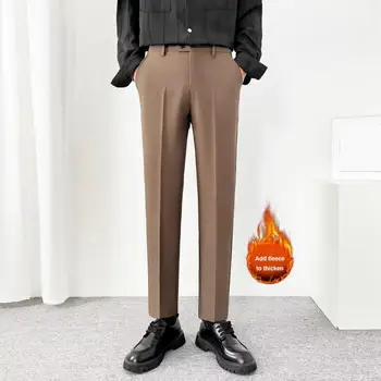 Мужские свободные брюки, плотные плюшевые мужские костюмные брюки с мягкими карманами, застежка до середины талии, официальные брюки делового стиля для офисной одежды