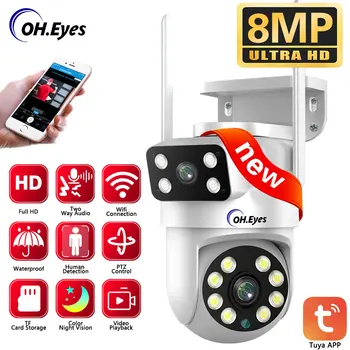 Tuya 4K 8MP PTZ Wifi Камера Безопасности С Двойным Объективом CCTV С Двойным Экраном Автоматическое Отслеживание Беспроводная Камера Видеонаблюдения Smart Life Home 0