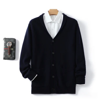 Кардиган из 100% чистой шерсти, мужской толстый свитер с лацканами, деловой повседневный осенне-зимний новый кашемировый свитер свободной вязки, пальто. 0