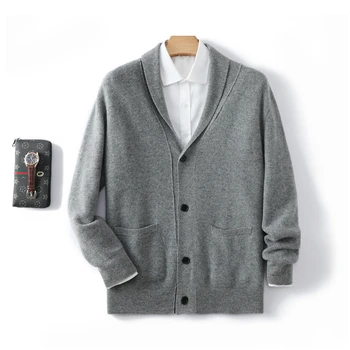 Кардиган из 100% чистой шерсти, мужской толстый свитер с лацканами, деловой повседневный осенне-зимний новый кашемировый свитер свободной вязки, пальто. 2