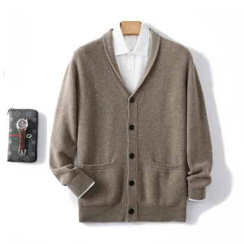 Кардиган из 100% чистой шерсти, мужской толстый свитер с лацканами, деловой повседневный осенне-зимний новый кашемировый свитер свободной вязки, пальто. 3