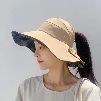 Женская солнцезащитная шляпа, Летняя пляжная солнцезащитная шляпа с полым верхом, защищающая от ультрафиолета, с большими полями, закрывающая лицо, уличная рыбацкая шляпа с конским хвостом