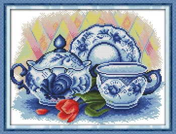 Набор для вышивания крестиком Joy Sunday с принтом Easy Pattern, Набор для вышивания из тисненой ткани Aida-The Celadon Teapot