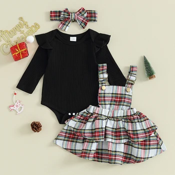 Комплекты юбок из 3 предметов для маленьких девочек, черный комбинезон с длинными рукавами и рюшами, клетчатая юбка на подтяжках, комплекты повязок на голову 3