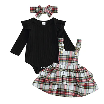 Комплекты юбок из 3 предметов для маленьких девочек, черный комбинезон с длинными рукавами и рюшами, клетчатая юбка на подтяжках, комплекты повязок на голову 4
