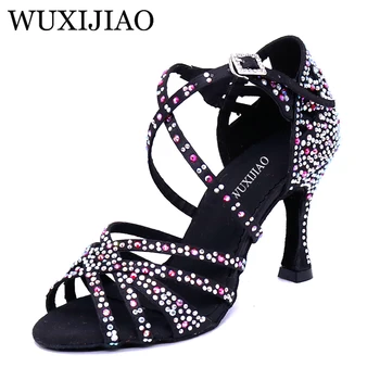 WUXIJIAO/ Женская обувь для сальсы и вечеринок, обувь для бальных танцев, обувь для латинских танцев, большой маленький горный хрусталь, блестящая бронзовая кожа, черный атлас, Кубический каблук 9 см
